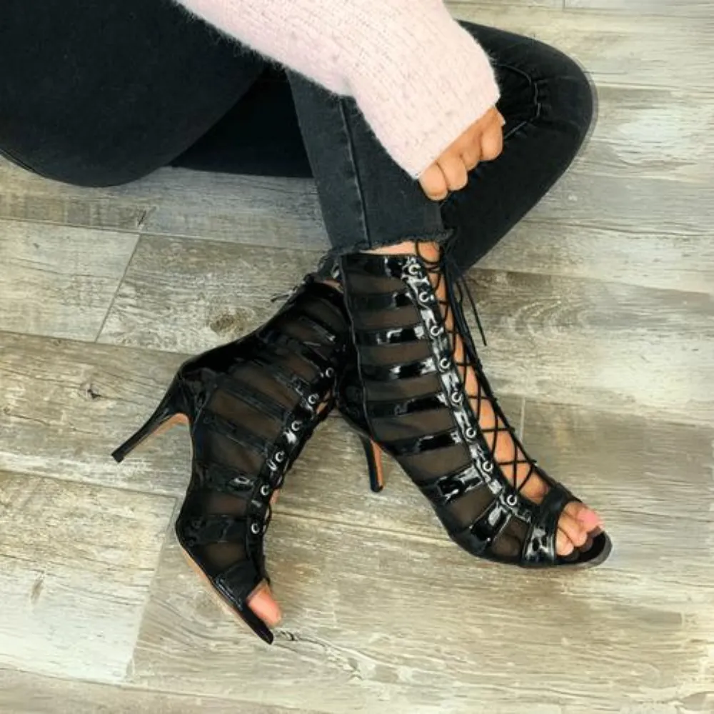 Tempest - Black Vegan Patent Mesh Dance Boots (Street Sole)