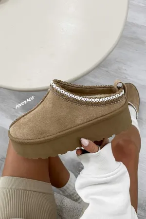 TESSA Suede Embroidered Chunky Slippers - Beige