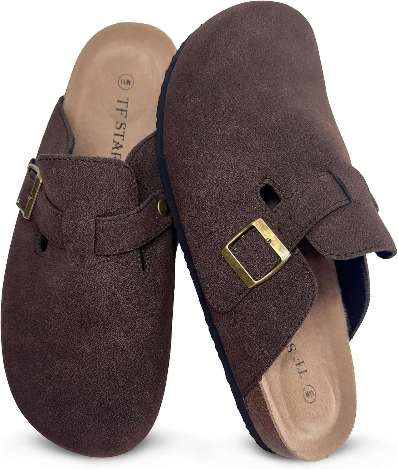 TF STAR Unisex Soft Footbed Clog Cow Suede Leather Clogs, Cork Clogs Shoes for Women Men Tan