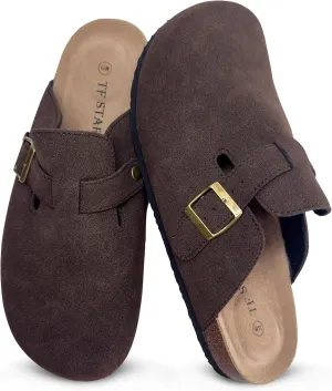 TF STAR Unisex Soft Footbed Clog Cow Suede Leather Clogs, Cork Clogs Shoes for Women Men Tan