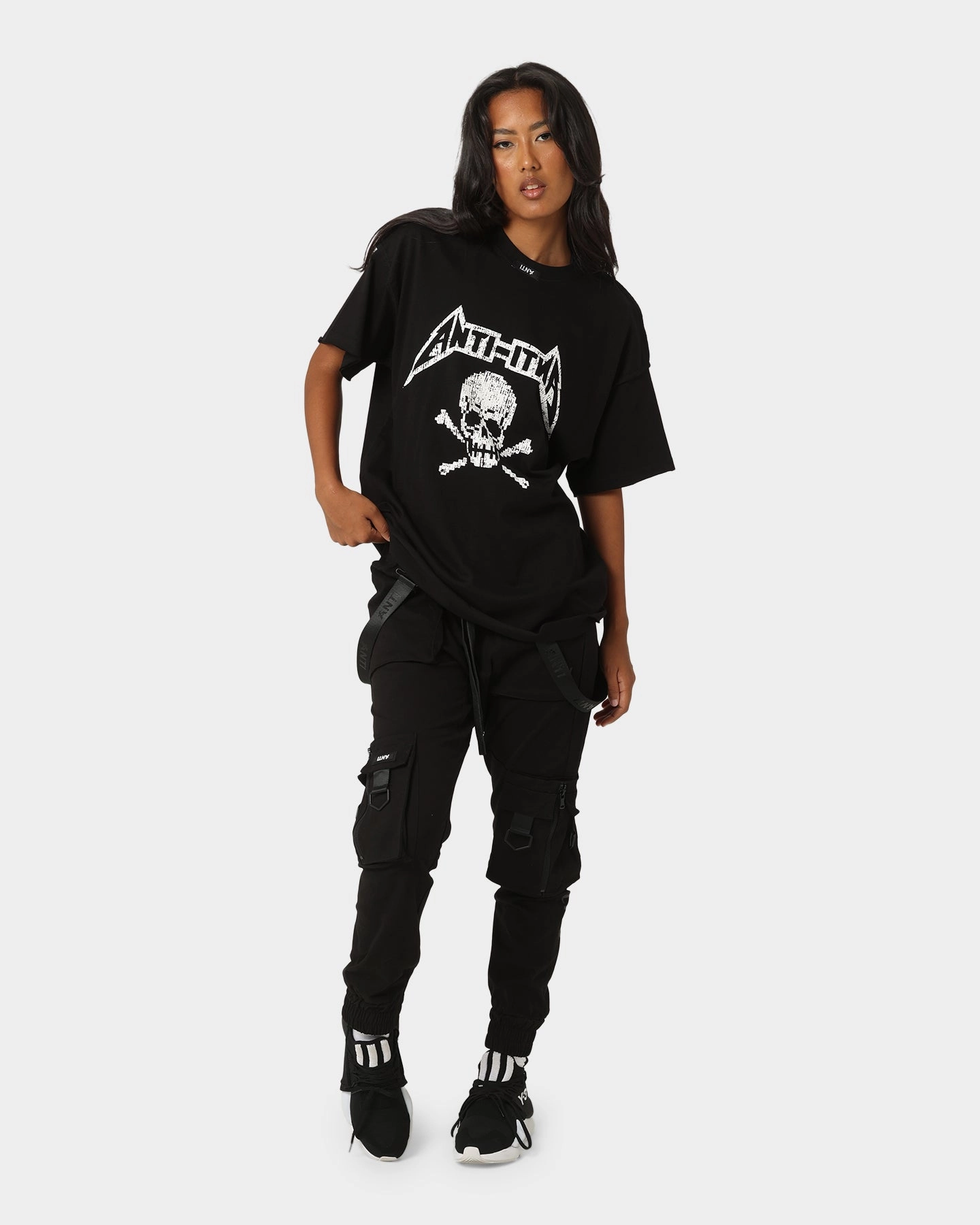 Non Restrictive Fit Garment Dyed Finish The Anti Order Death Metal Oversized T-Shirt Black/White