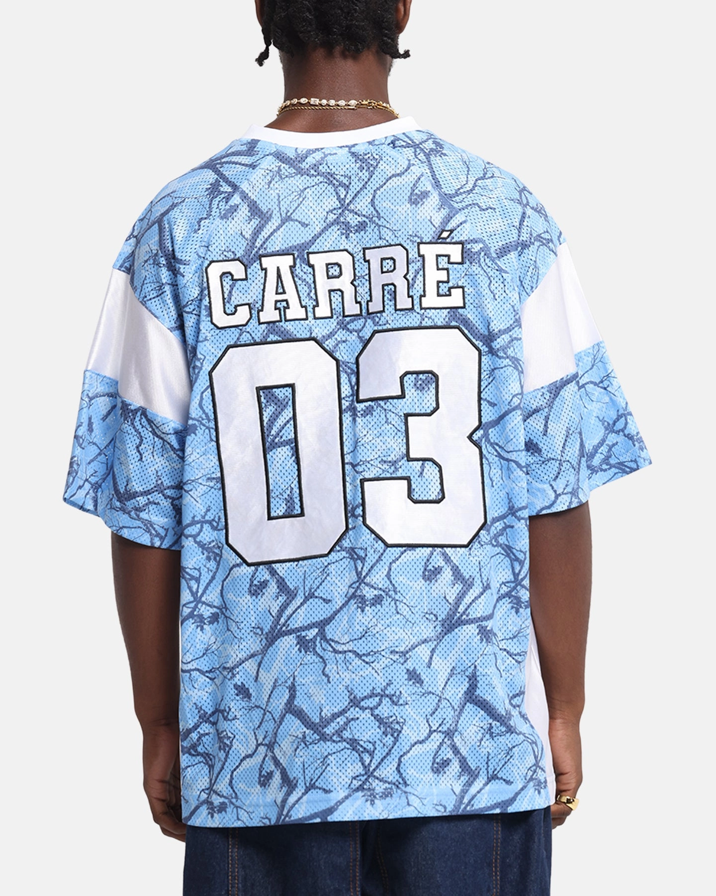 Carre Outlaw Jersey Light Blue Real Tree Wrinkle Free Travel Fabric Bold Lettering