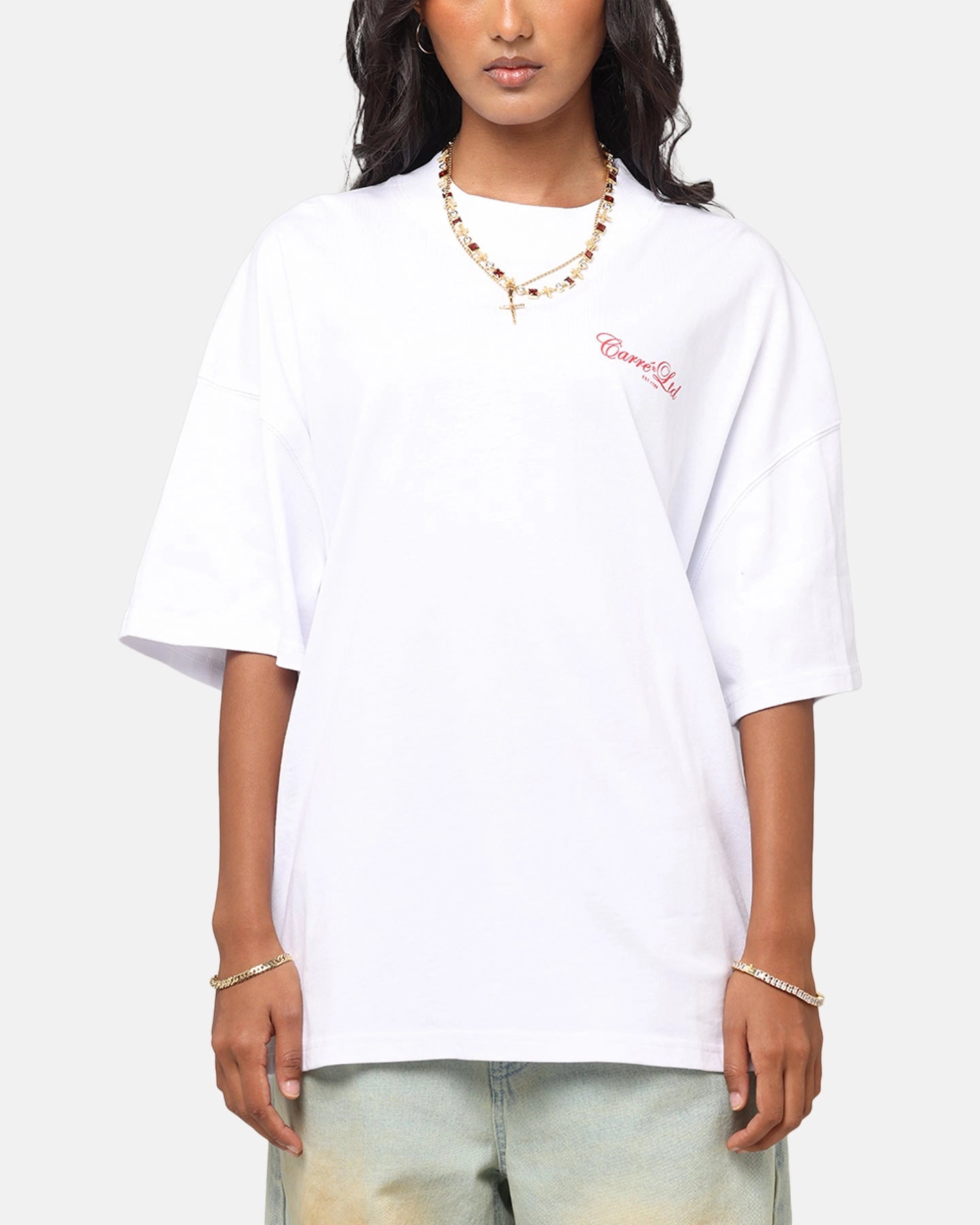 Soft and Light Carre Side Script Oversized T-Shirt White/Red