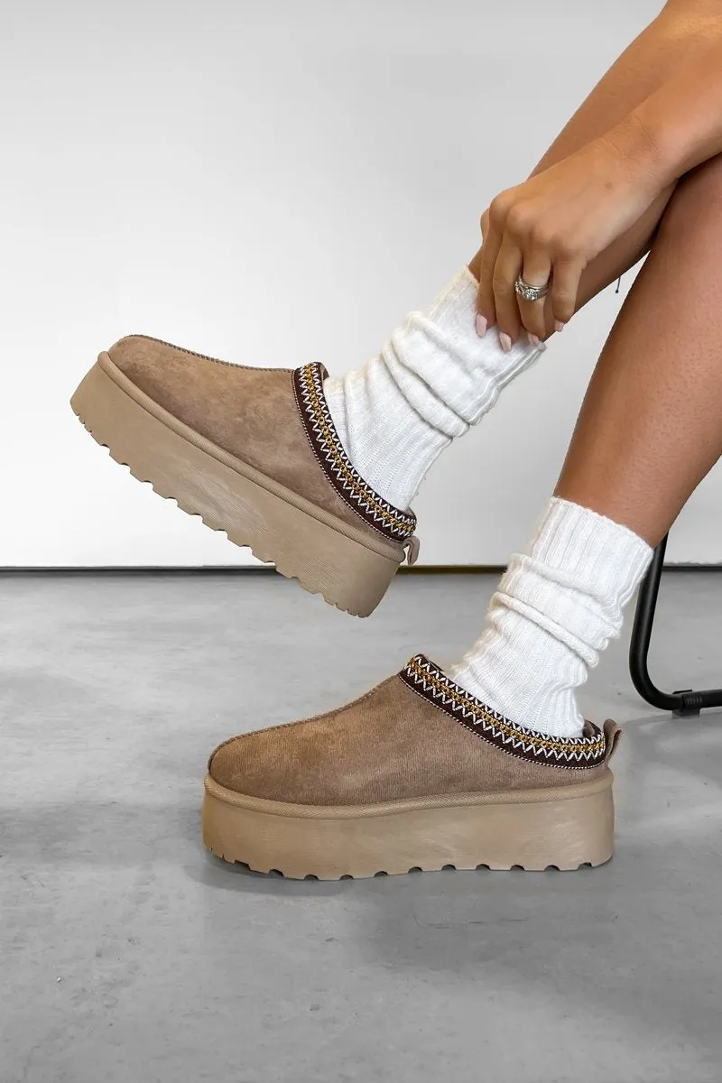 TIFF Suede Embroidered Chunky Slippers - Mushroom