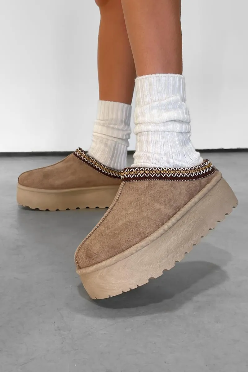 TIFF Suede Embroidered Chunky Slippers - Mushroom