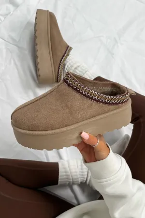 TIFF Suede Embroidered Chunky Slippers - Mushroom