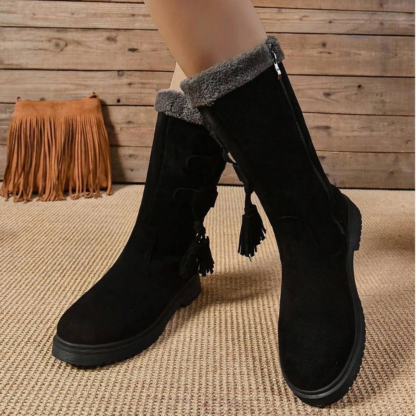 Tillbuy Plush Zipper Mid-Calf Boots