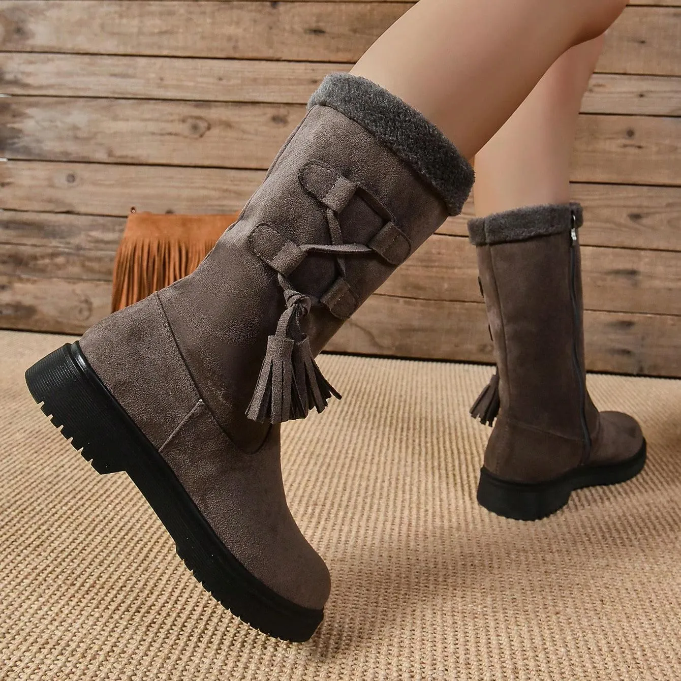 Tillbuy Plush Zipper Mid-Calf Boots