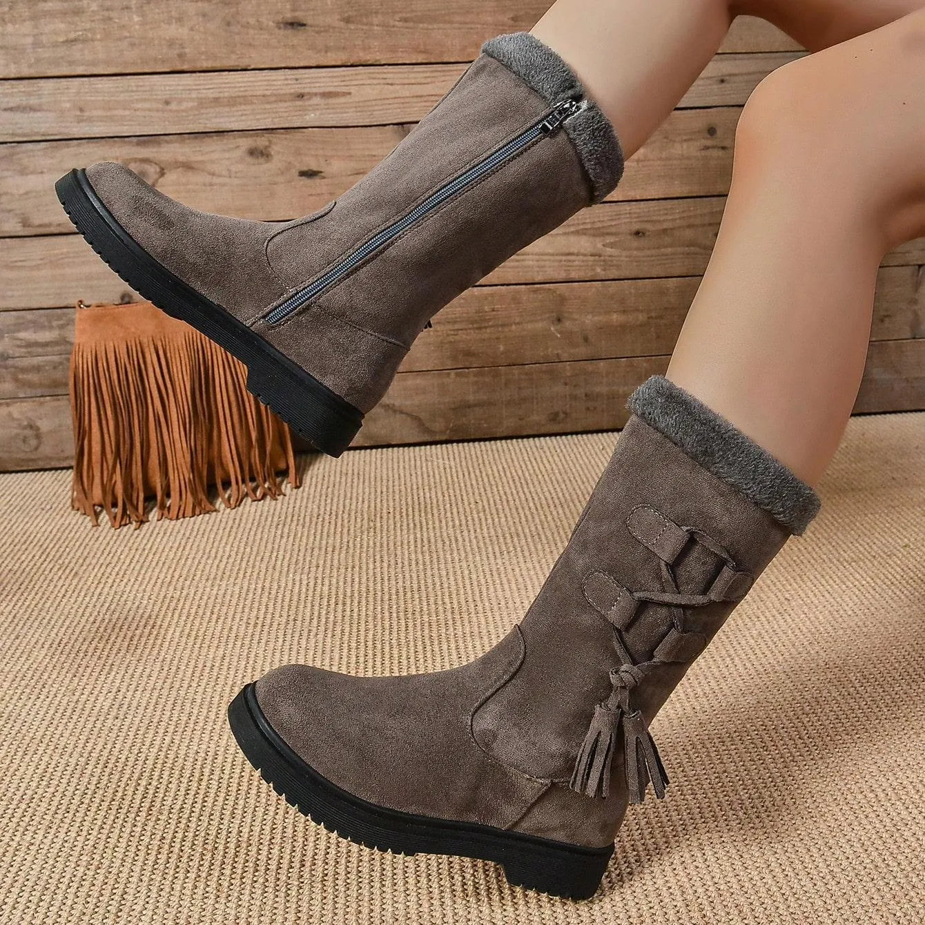 Tillbuy Plush Zipper Mid-Calf Boots