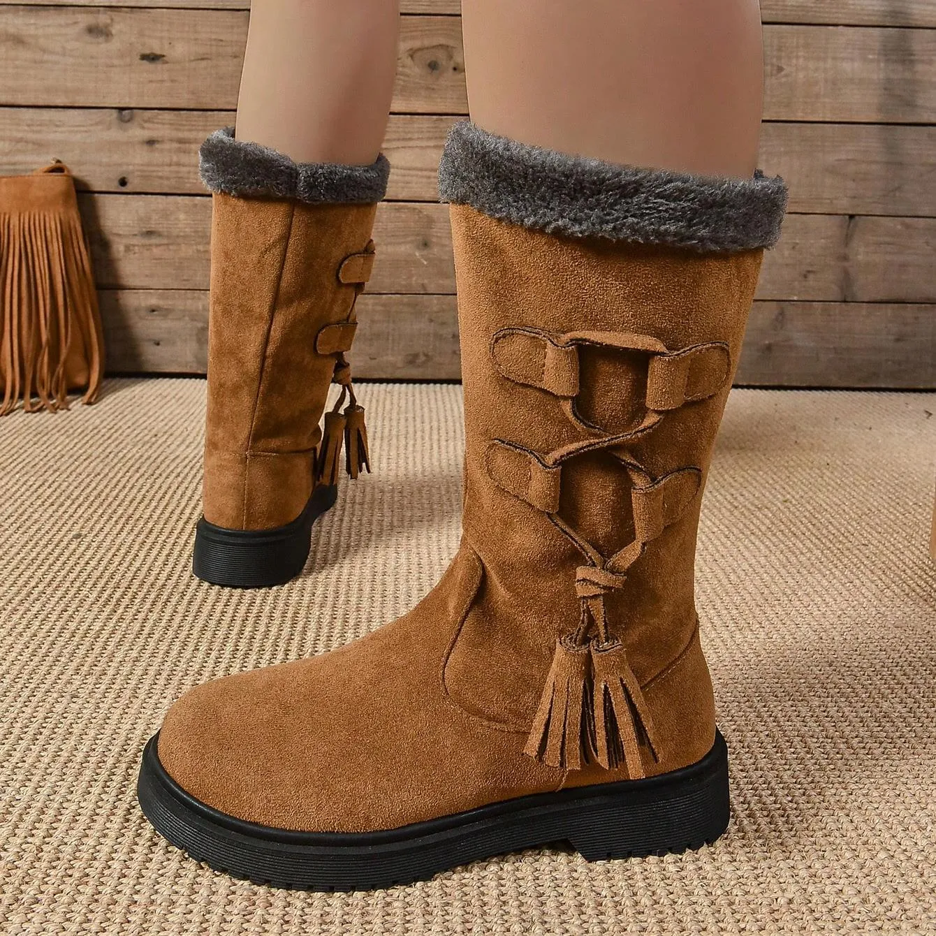 Tillbuy Plush Zipper Mid-Calf Boots