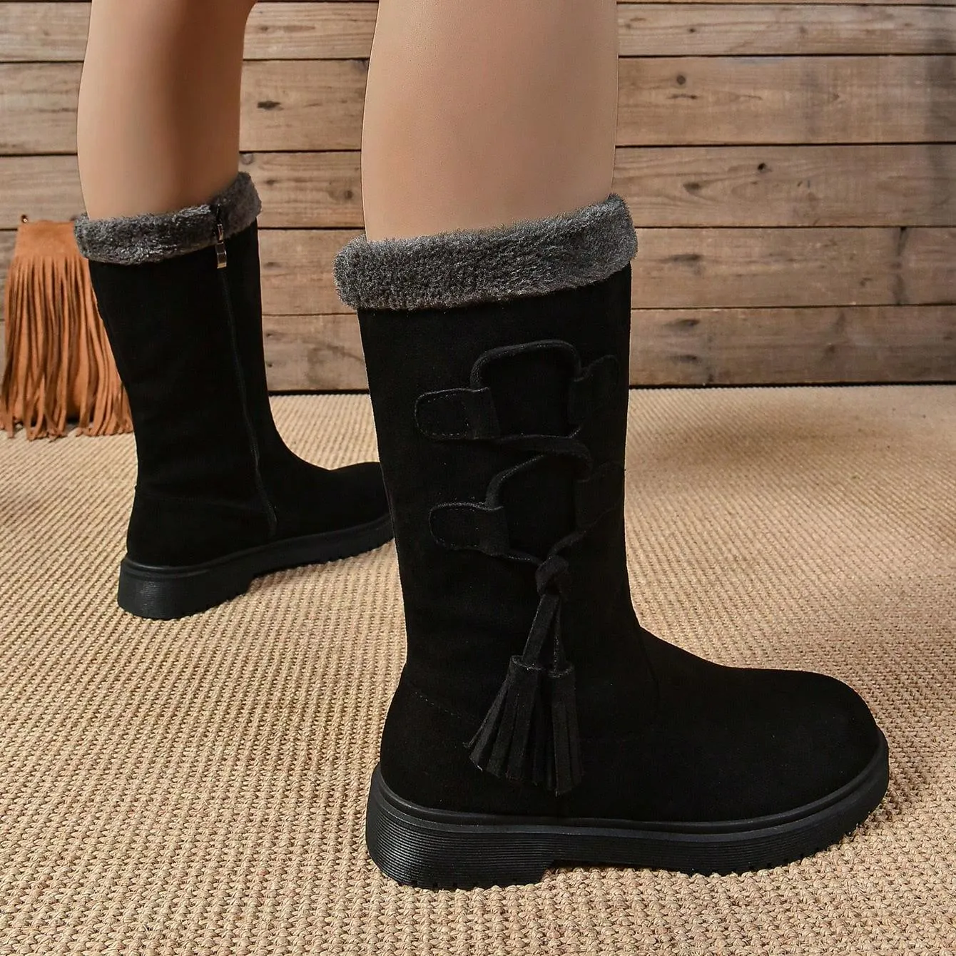 Tillbuy Plush Zipper Mid-Calf Boots