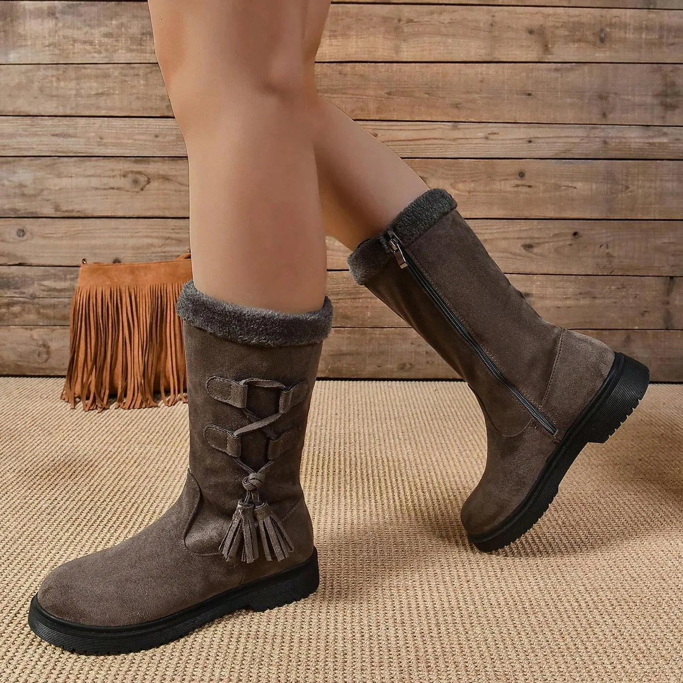 Tillbuy Plush Zipper Mid-Calf Boots