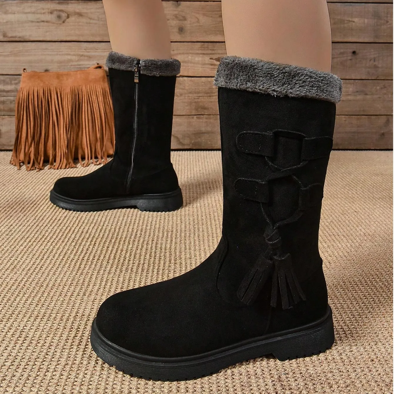 Tillbuy Plush Zipper Mid-Calf Boots