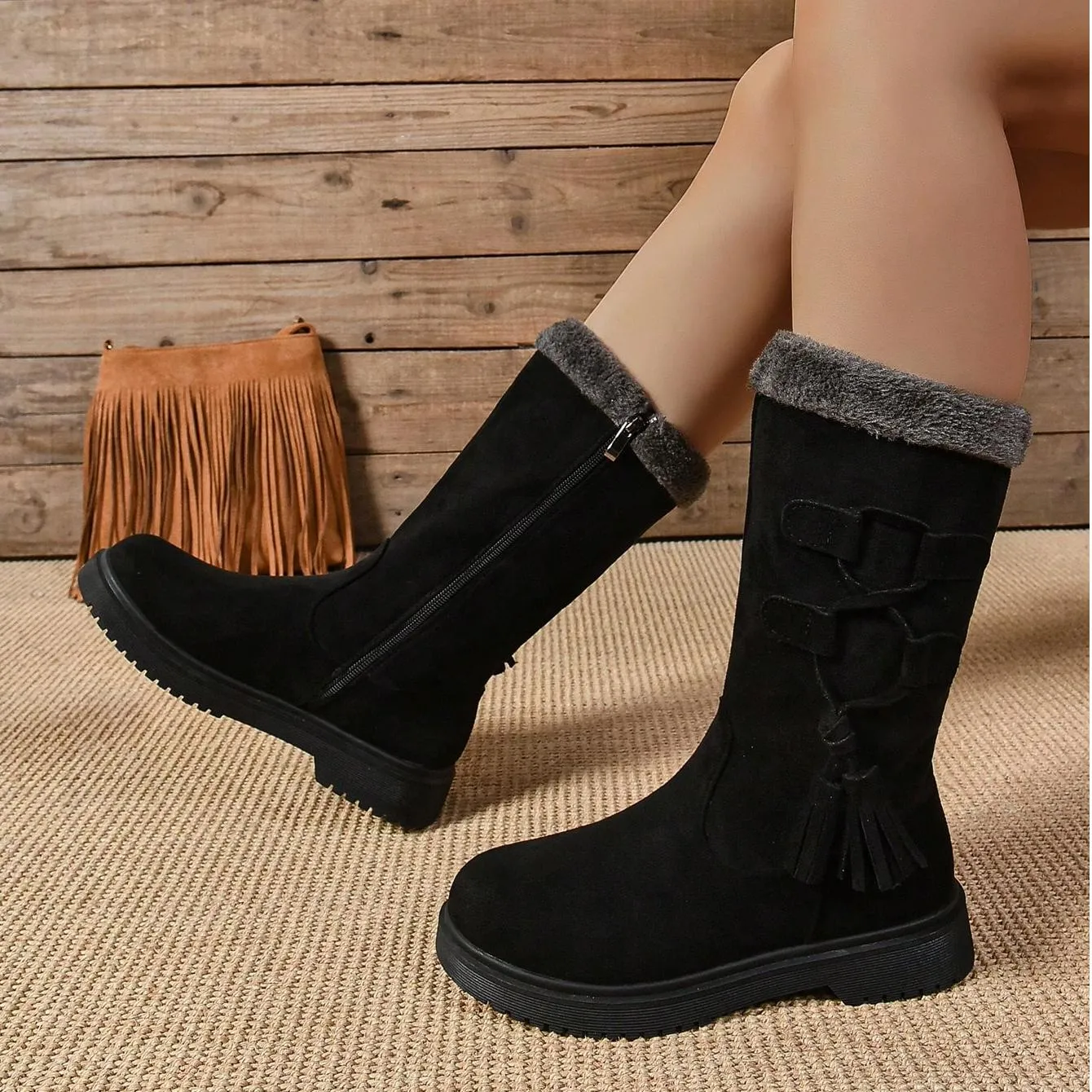 Tillbuy Plush Zipper Mid-Calf Boots