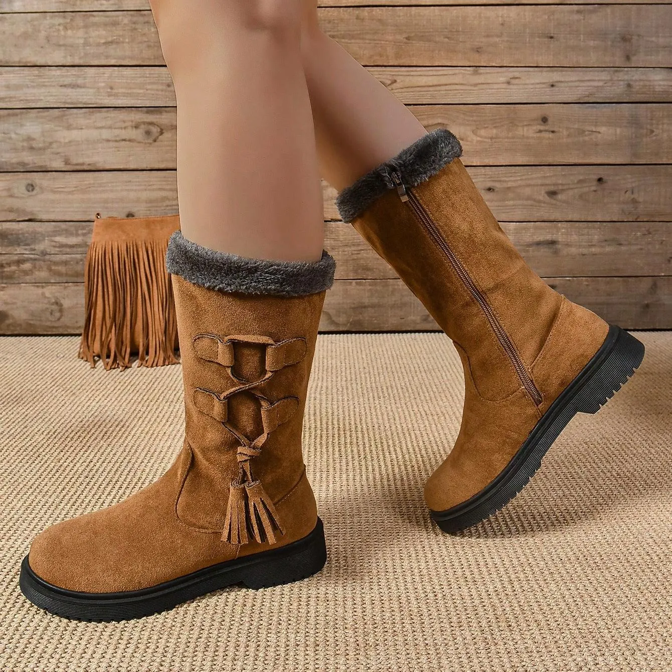 Tillbuy Plush Zipper Mid-Calf Boots