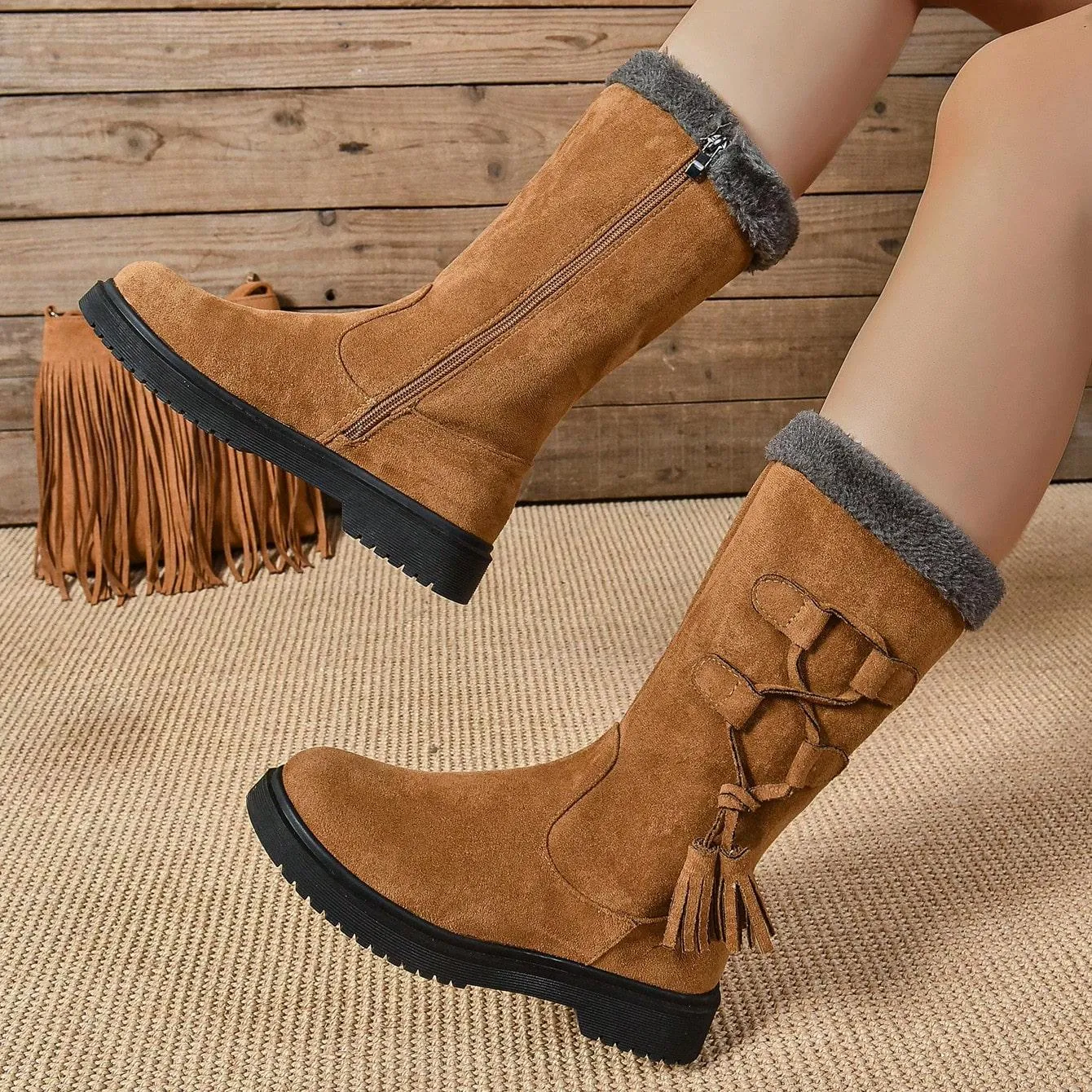 Tillbuy Plush Zipper Mid-Calf Boots