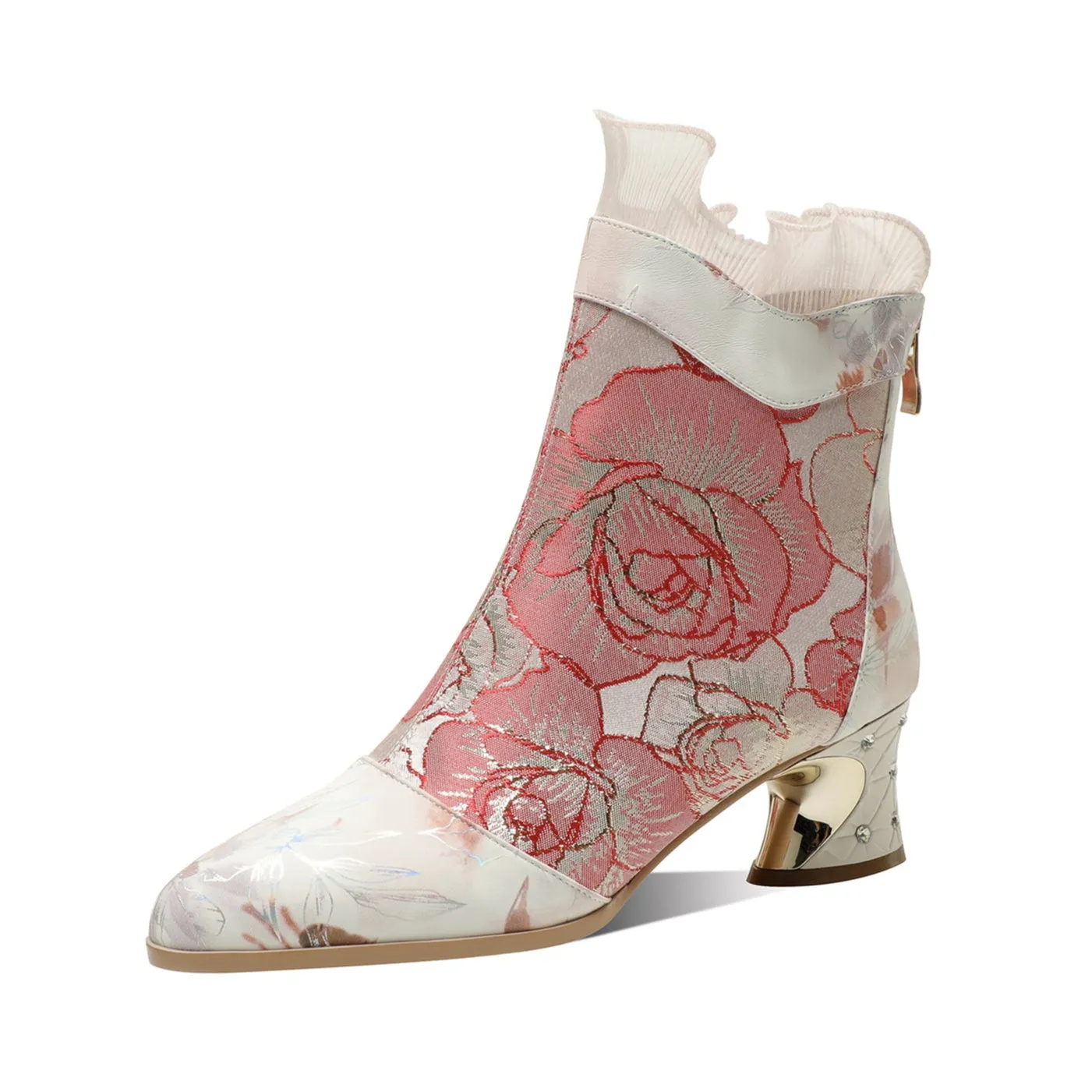 TinaCus Women's Embroidery Floral Genuine Leather Spool Heel Handmade Back Zip Lace Ankle Boots