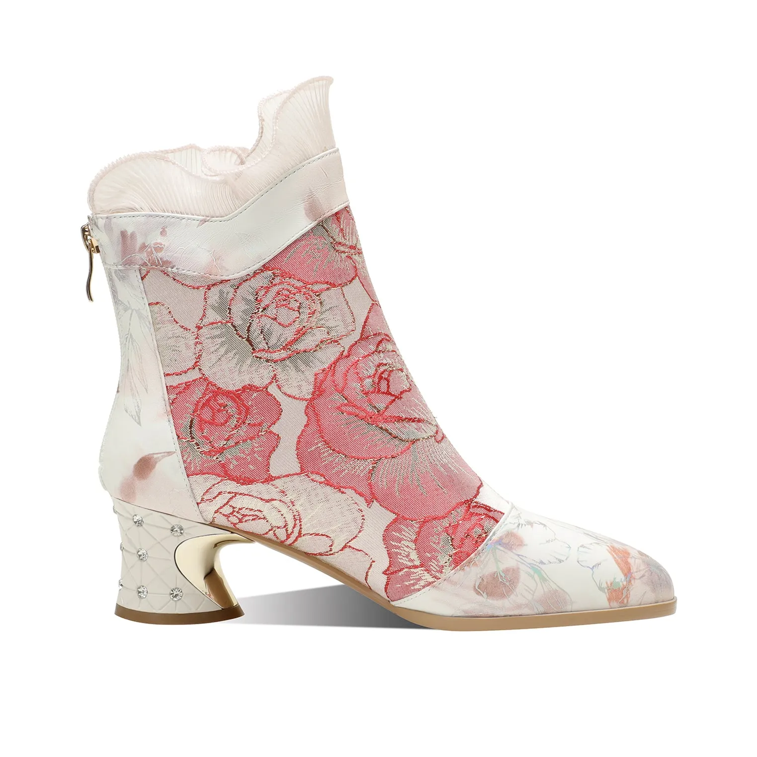 TinaCus Women's Embroidery Floral Genuine Leather Spool Heel Handmade Back Zip Lace Ankle Boots