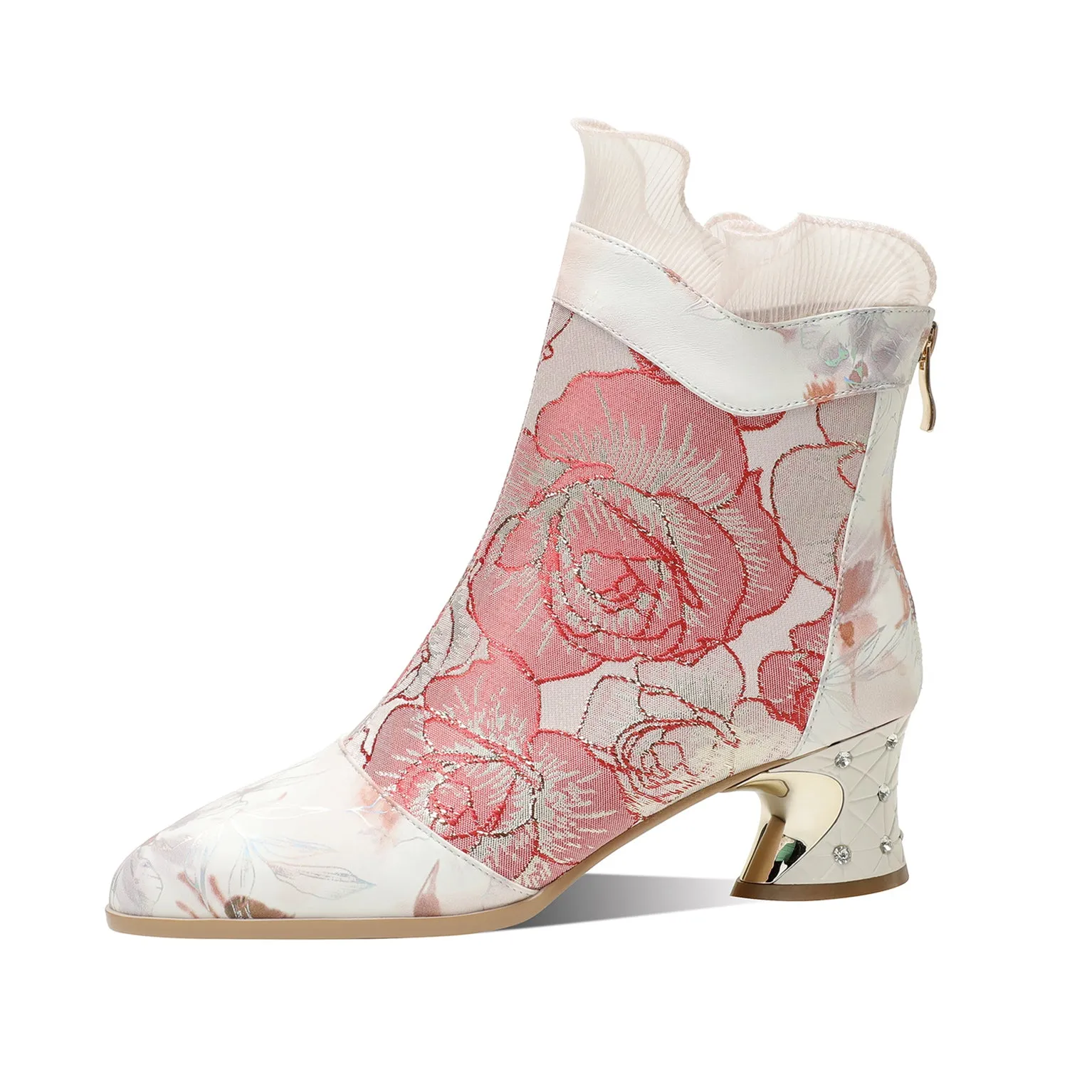 TinaCus Women's Embroidery Floral Genuine Leather Spool Heel Handmade Back Zip Lace Ankle Boots