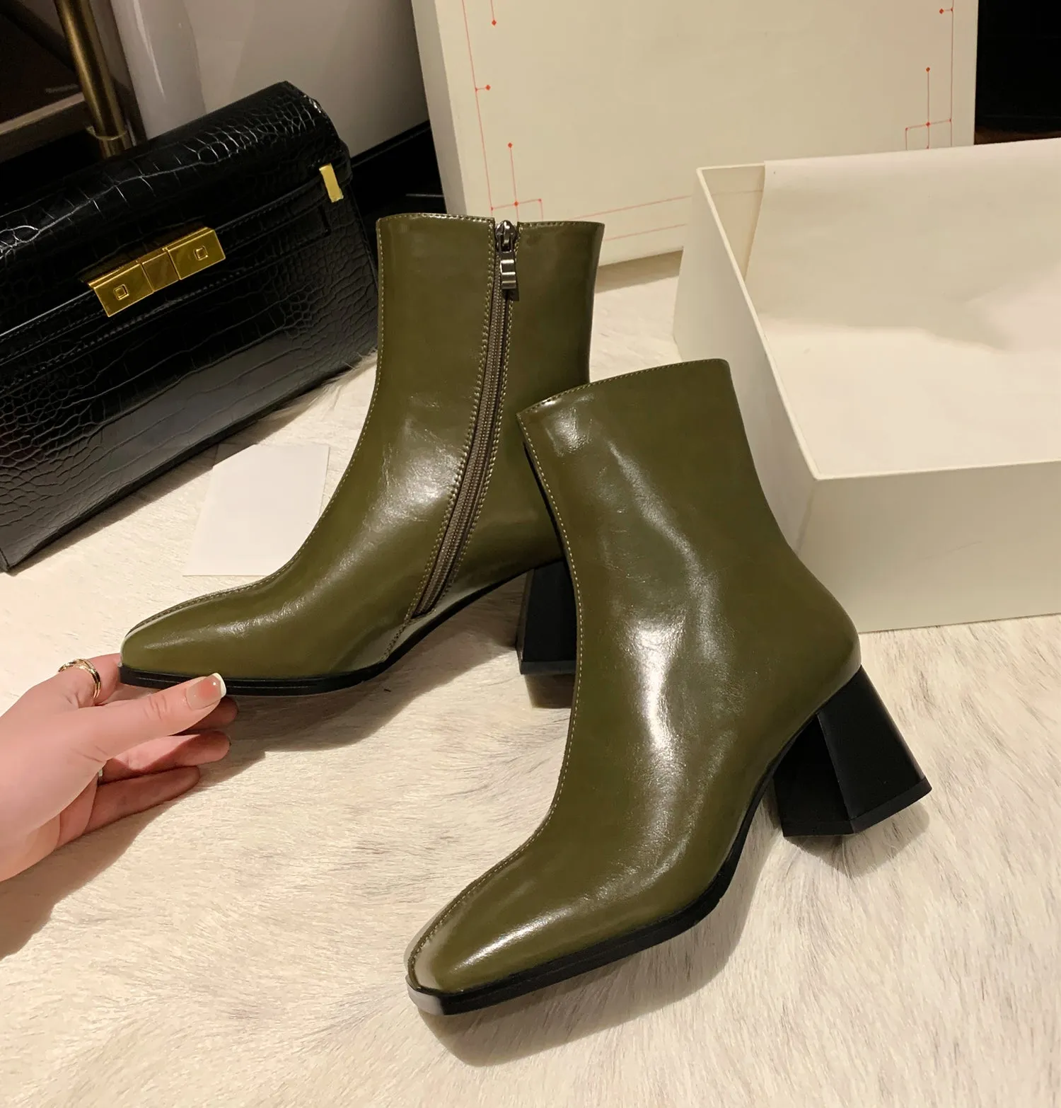 TinaCus Women's Genuine Leather Square Toe Handmade Zipper Mid Chunky Heels Trendy Mid Calf Boots