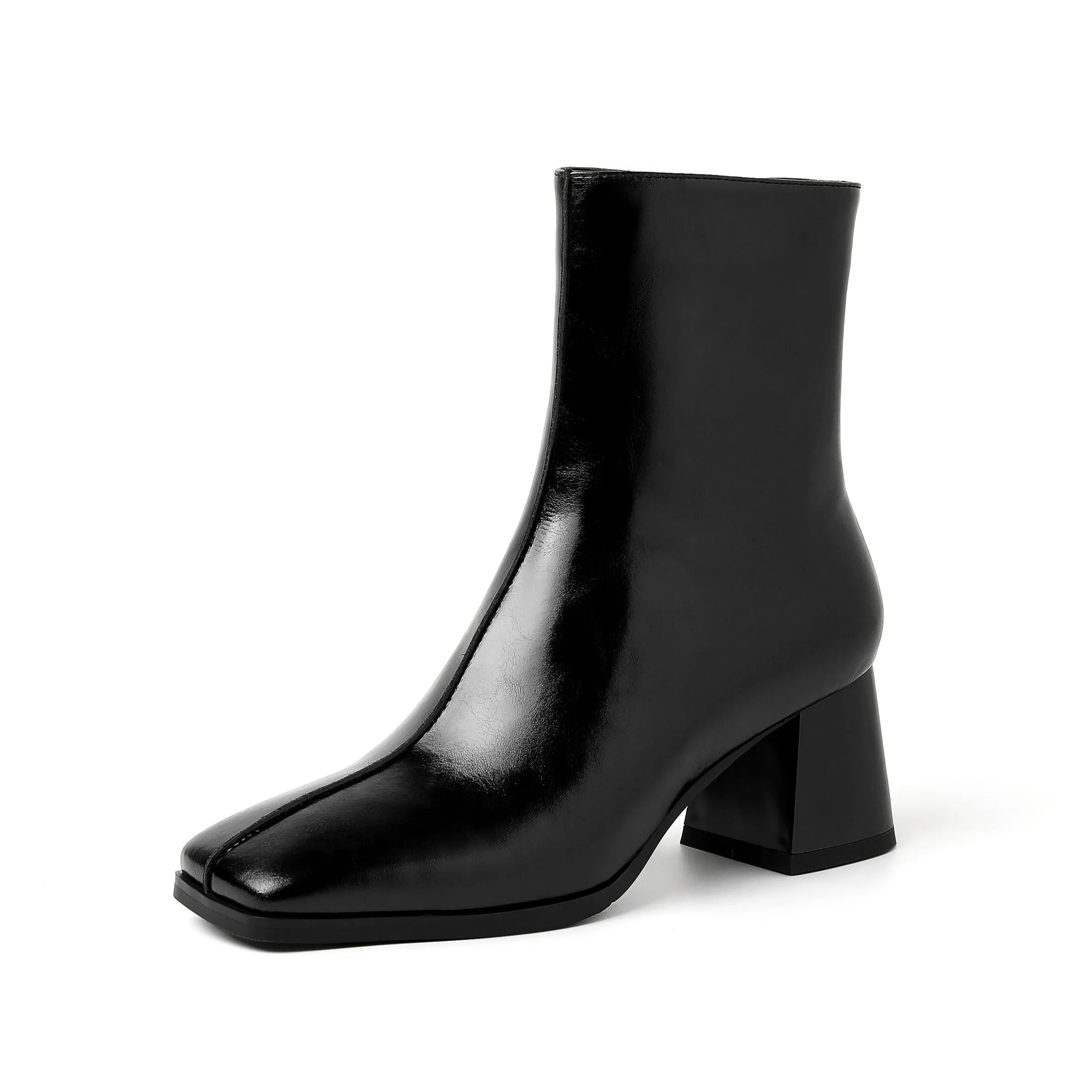 TinaCus Women's Genuine Leather Square Toe Handmade Zipper Mid Chunky Heels Trendy Mid Calf Boots