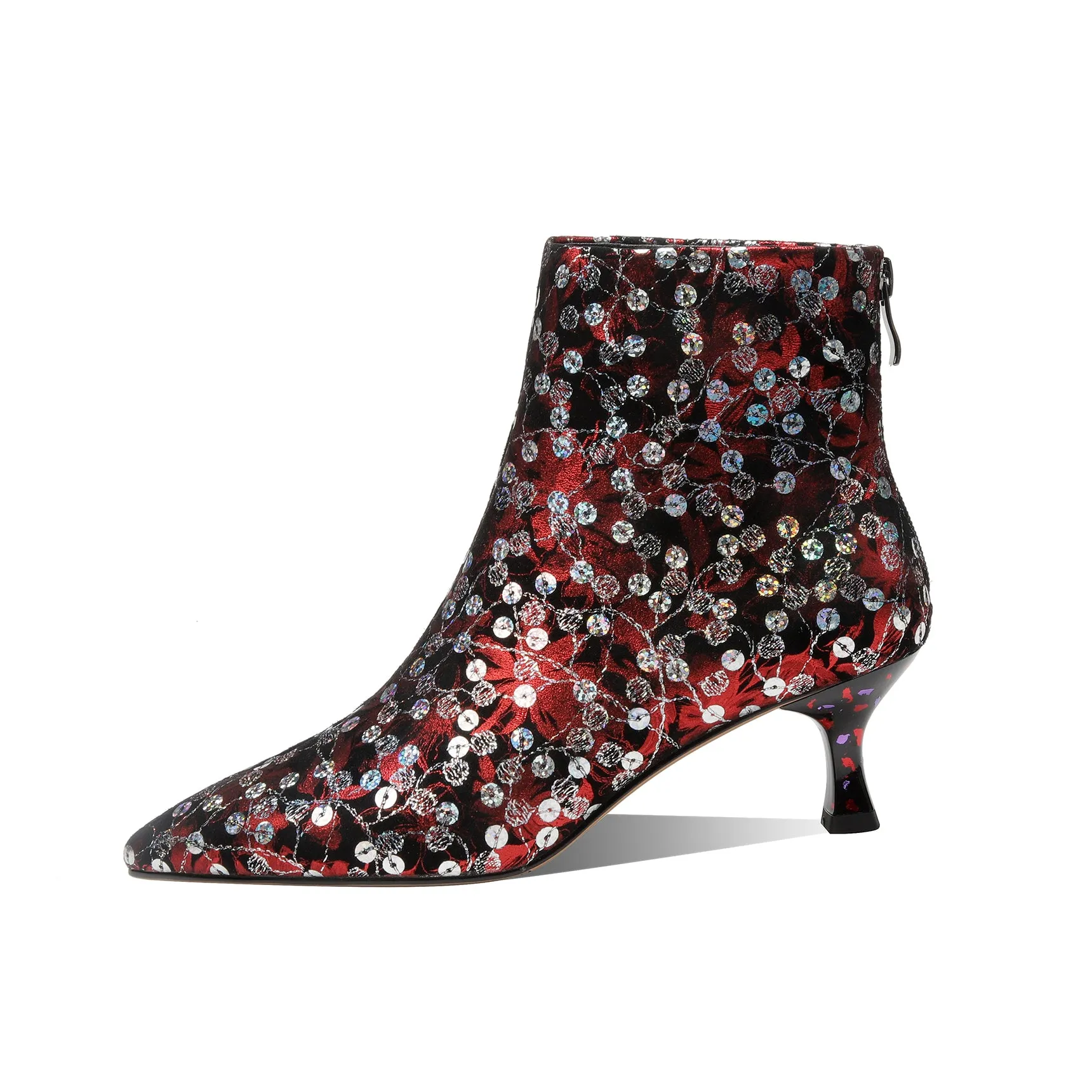 TinaCus Women's Handmade Genuine Leather Colorful Flowers Print Sequins Zip Up Ankle Boots