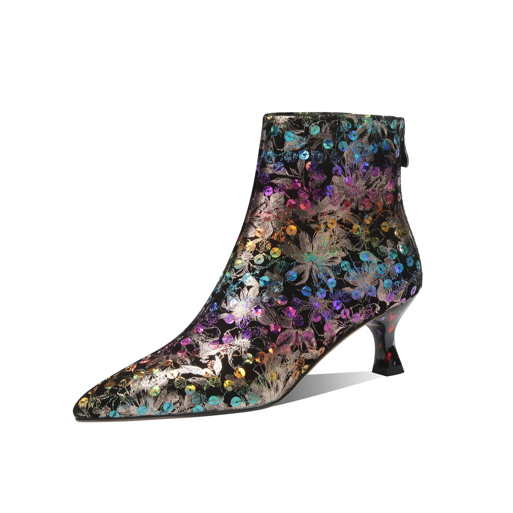 TinaCus Women's Handmade Genuine Leather Colorful Flowers Print Sequins Zip Up Ankle Boots