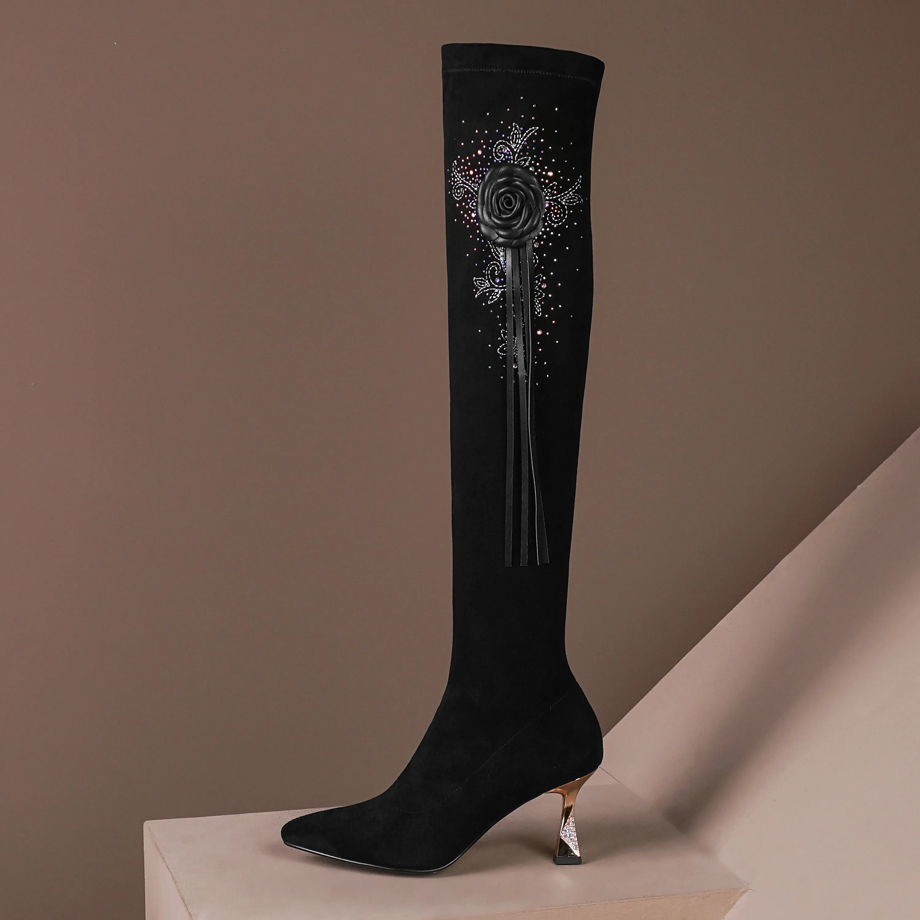 TinaCus Women's Handmade Suede Leather Pointed Toe Sexy High Heel Stretch Slip On Black Over the Knee High Boots with Floral Tassel