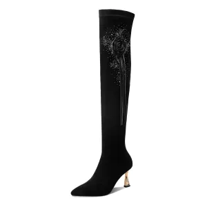 TinaCus Women's Handmade Suede Leather Pointed Toe Sexy High Heel Stretch Slip On Black Over the Knee High Boots with Floral Tassel