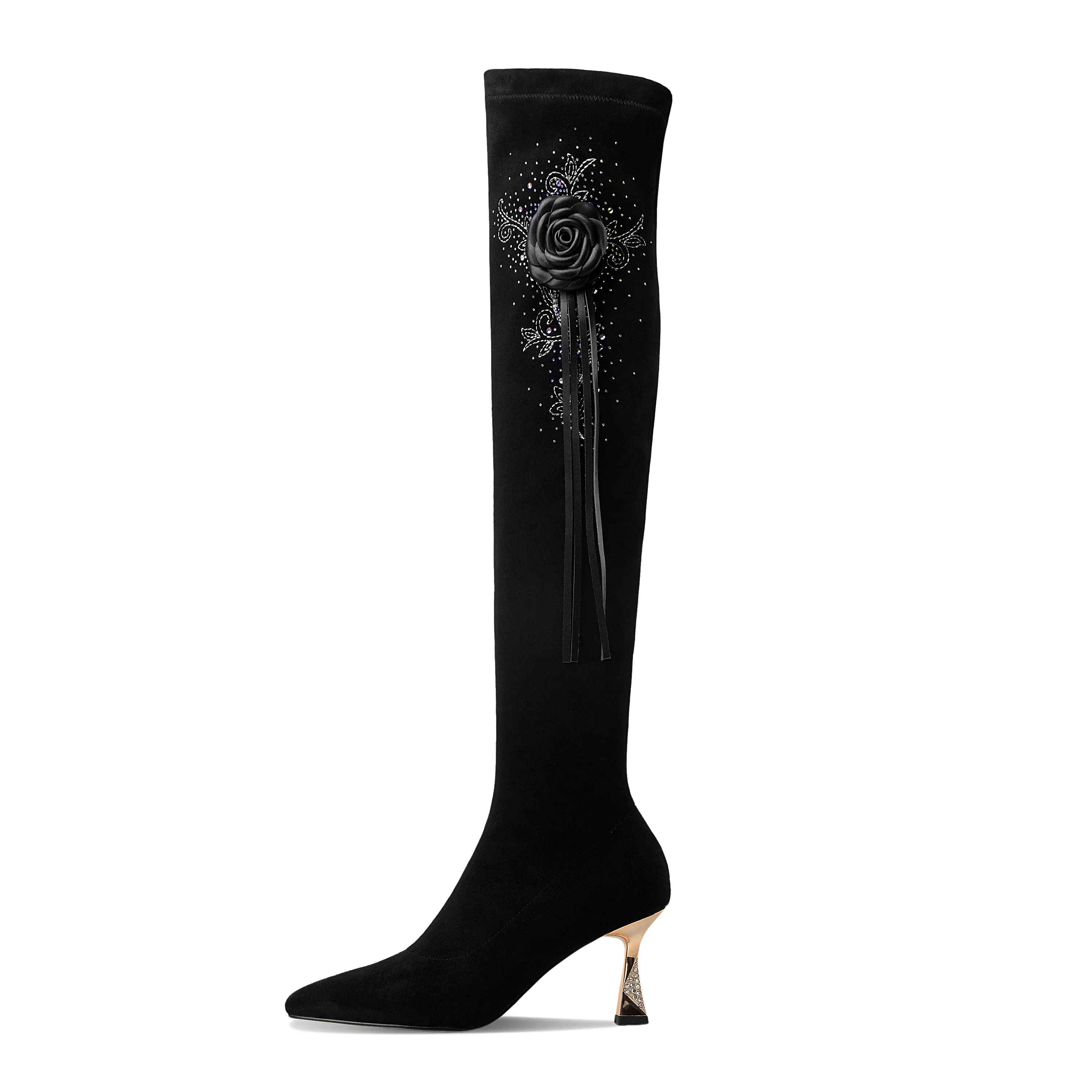 TinaCus Women's Handmade Suede Leather Pointed Toe Sexy High Heel Stretch Slip On Black Over the Knee High Boots with Floral Tassel