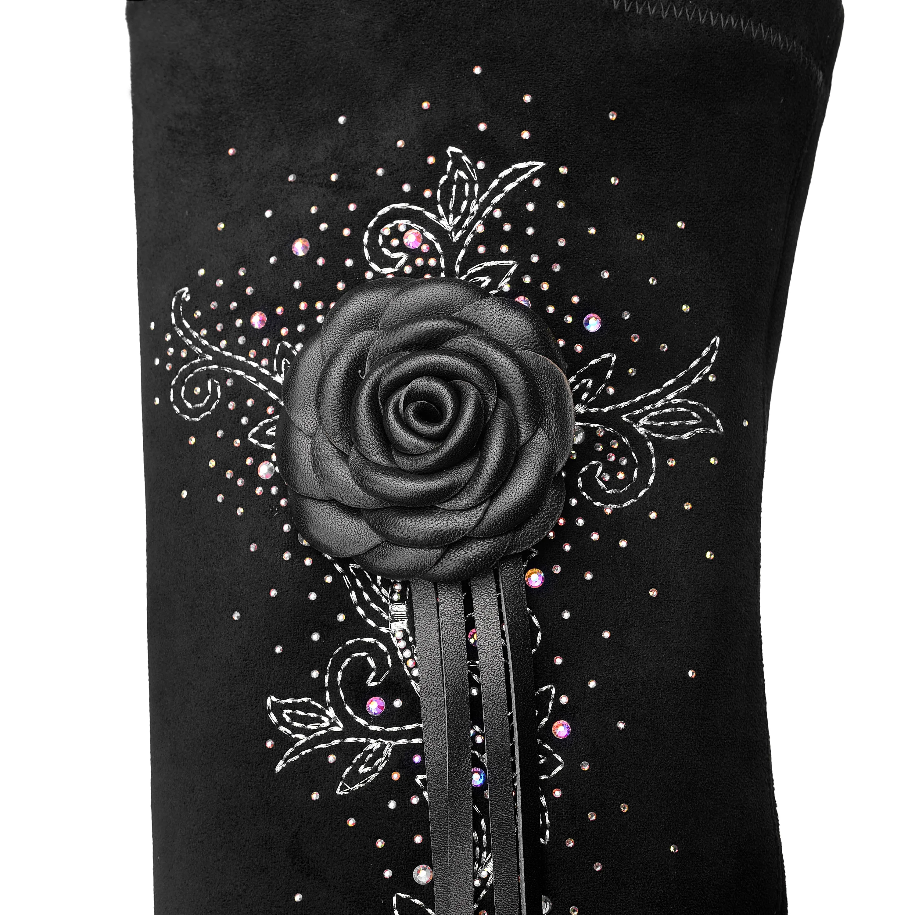 TinaCus Women's Handmade Suede Leather Pointed Toe Sexy High Heel Stretch Slip On Black Over the Knee High Boots with Floral Tassel