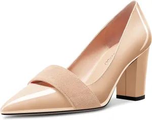 TNYNFBEB Women Chunky Block Mid Heel Close Pointed Toe Pumps Slip-on Patchwork Party Wedding Basic Classic 3.2 Inches Heels