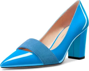 TNYNFBEB Women Chunky Block Mid Heel Close Pointed Toe Pumps Slip-on Patchwork Party Wedding Basic Classic 3.2 Inches Heels
