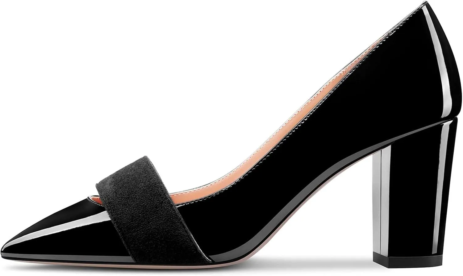 TNYNFBEB Women Chunky Block Mid Heel Close Pointed Toe Pumps Slip-on Patchwork Party Wedding Basic Classic 3.2 Inches Heels