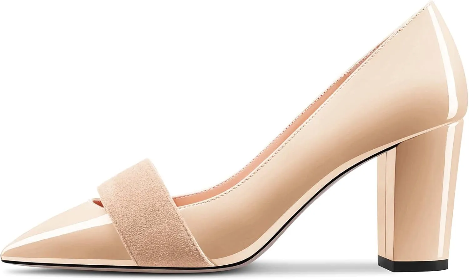 TNYNFBEB Women Chunky Block Mid Heel Close Pointed Toe Pumps Slip-on Patchwork Party Wedding Basic Classic 3.2 Inches Heels