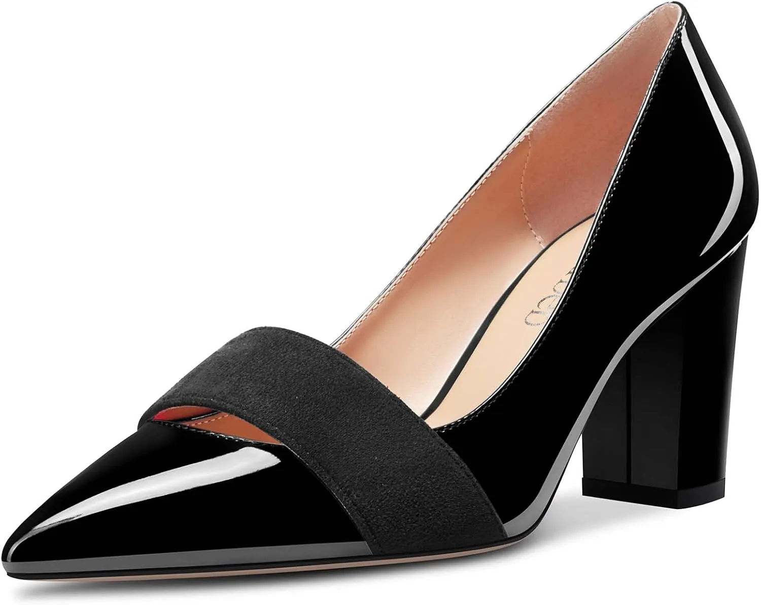 TNYNFBEB Women Chunky Block Mid Heel Close Pointed Toe Pumps Slip-on Patchwork Party Wedding Basic Classic 3.2 Inches Heels