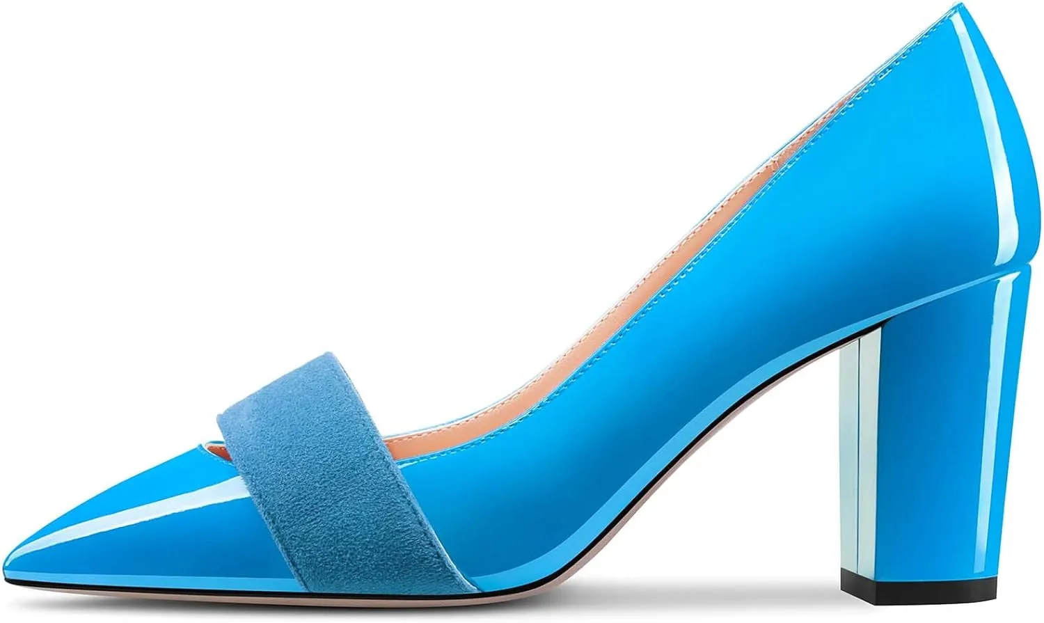 TNYNFBEB Women Chunky Block Mid Heel Close Pointed Toe Pumps Slip-on Patchwork Party Wedding Basic Classic 3.2 Inches Heels
