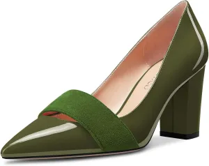 TNYNFBEB Women Chunky Block Mid Heel Close Pointed Toe Pumps Slip-on Patchwork Party Wedding Basic Classic 3.2 Inches Heels