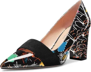 TNYNFBEB Women Chunky Block Mid Heel Close Pointed Toe Pumps Slip-on Patchwork Party Wedding Basic Classic 3.2 Inches Heels