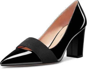 TNYNFBEB Women Chunky Block Mid Heel Close Pointed Toe Pumps Slip-on Patchwork Party Wedding Basic Classic 3.2 Inches Heels