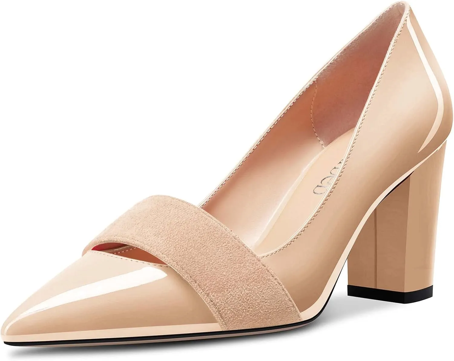 TNYNFBEB Women Chunky Block Mid Heel Close Pointed Toe Pumps Slip-on Patchwork Party Wedding Basic Classic 3.2 Inches Heels
