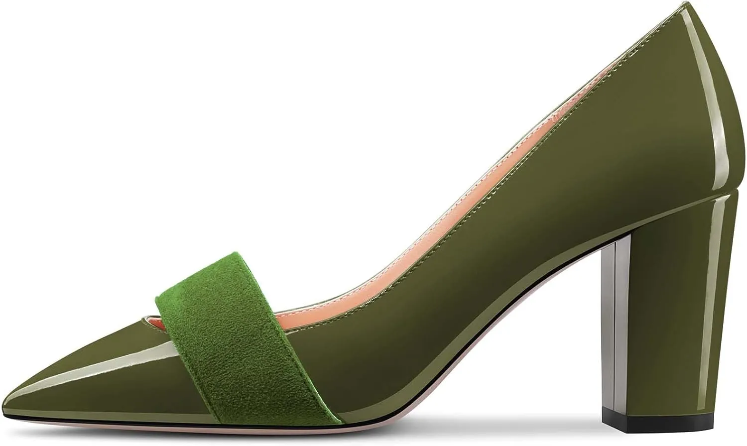 TNYNFBEB Women Chunky Block Mid Heel Close Pointed Toe Pumps Slip-on Patchwork Party Wedding Basic Classic 3.2 Inches Heels