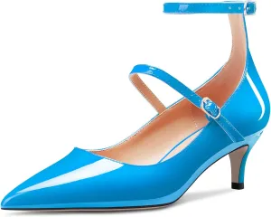 TNYNFBEB Women Low Kitten Heel Close Pointed Toe Pumps Ankle Strap Mary Jane Buckle Wedding Party Cute 2.0 Inches Heels