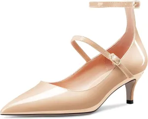TNYNFBEB Women Low Kitten Heel Close Pointed Toe Pumps Ankle Strap Mary Jane Buckle Wedding Party Cute 2.0 Inches Heels