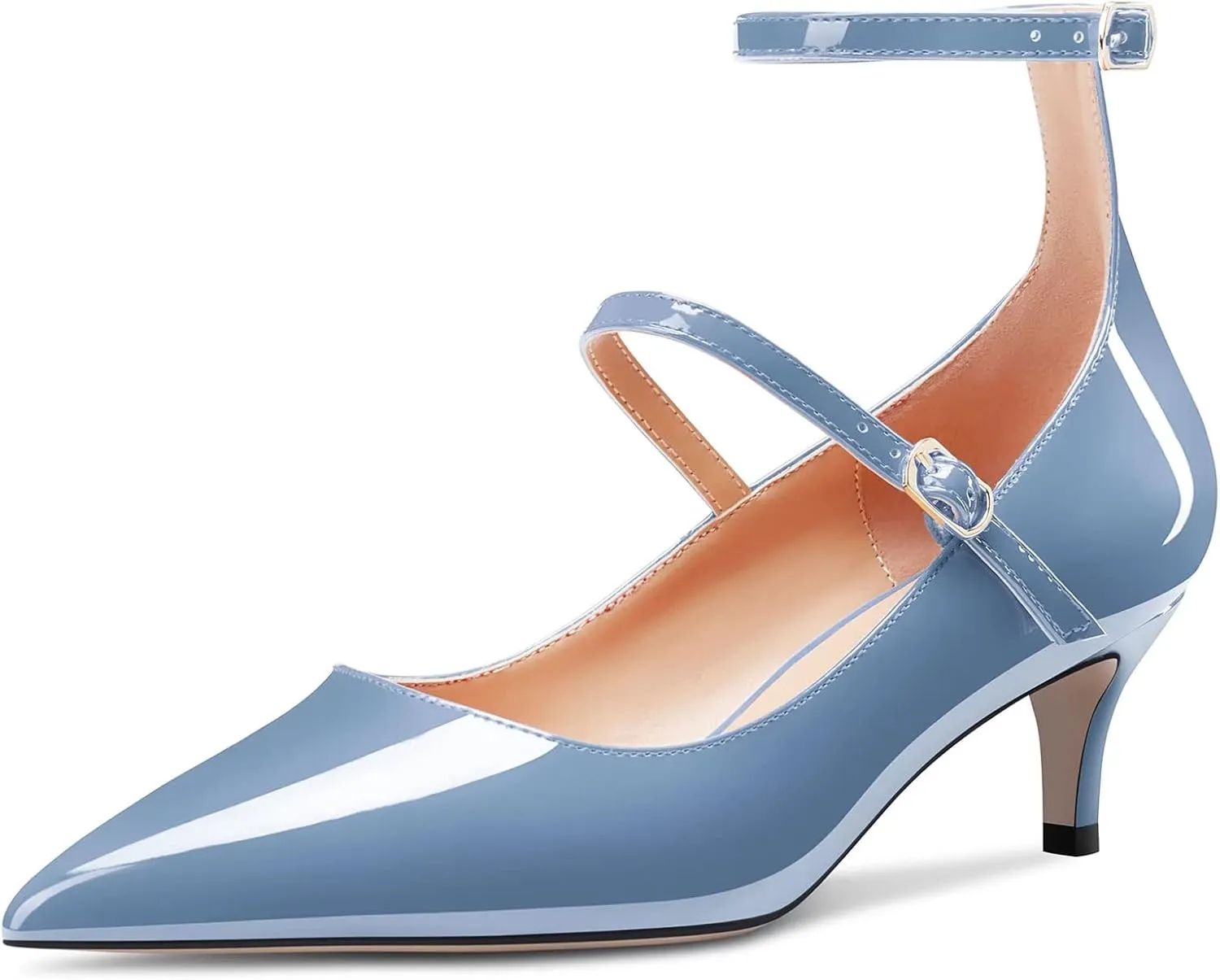 TNYNFBEB Women Low Kitten Heel Close Pointed Toe Pumps Ankle Strap Mary Jane Buckle Wedding Party Cute 2.0 Inches Heels