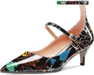 TNYNFBEB Women Low Kitten Heel Close Pointed Toe Pumps Ankle Strap Mary Jane Buckle Wedding Party Cute 2.0 Inches Heels