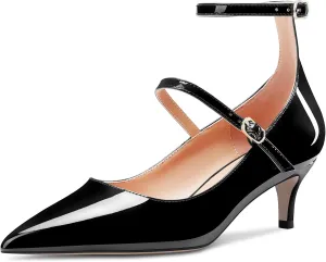 TNYNFBEB Women Low Kitten Heel Close Pointed Toe Pumps Ankle Strap Mary Jane Buckle Wedding Party Cute 2.0 Inches Heels