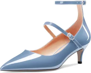 TNYNFBEB Women Low Kitten Heel Close Pointed Toe Pumps Ankle Strap Mary Jane Buckle Wedding Party Cute 2.0 Inches Heels