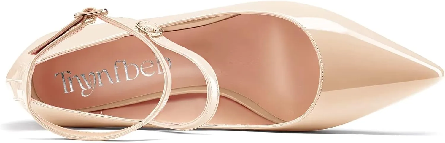 TNYNFBEB Women Low Kitten Heel Close Pointed Toe Pumps Ankle Strap Mary Jane Buckle Wedding Party Cute 2.0 Inches Heels