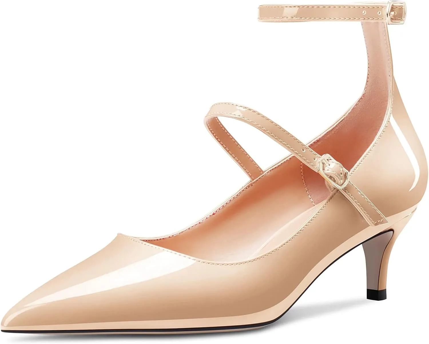 TNYNFBEB Women Low Kitten Heel Close Pointed Toe Pumps Ankle Strap Mary Jane Buckle Wedding Party Cute 2.0 Inches Heels